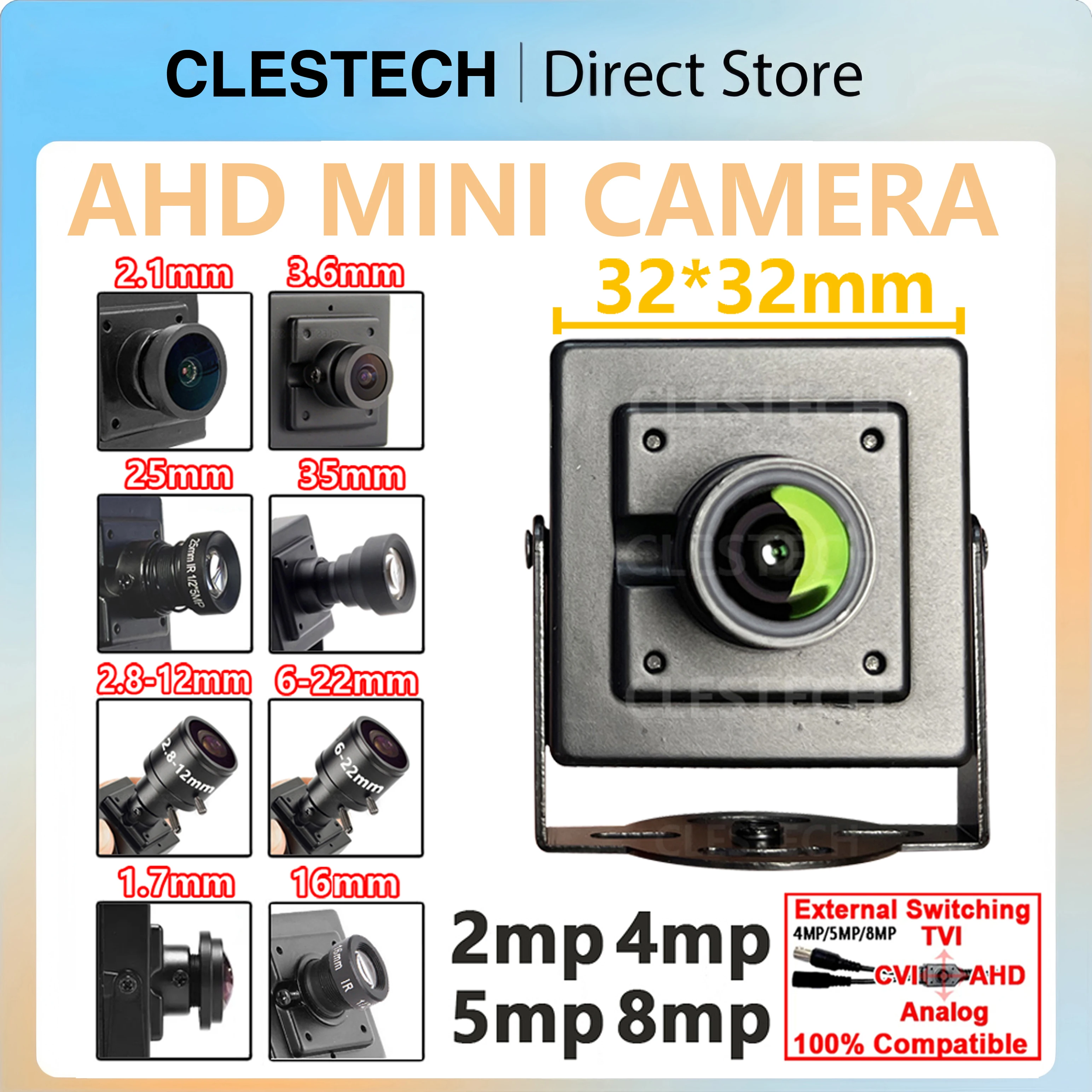 Optional Lens 2.1mm 1.7mm 3.6mm 25mm 35mm Focus 2.8mm-12mm Zoom 6-22mm Metal CCTV AHD Mini Camera 4in1 OSD Cable 32*32mm Size HD