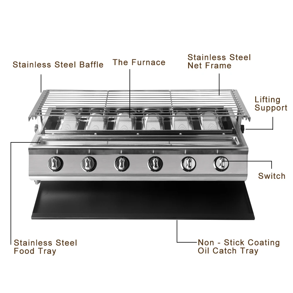 ITOP gpl BBQ Grill 6 fuochi Picnic all'aperto Barbecue stufa 78*25cm Area di cottura scudo in vetro copertura in vetro calotta in acciaio inossidabile