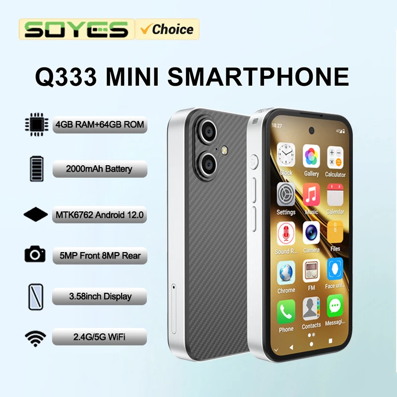 SOYES Q333 Mini Smartphone 4GB RAM 64GB ROM Android 12.0 MTK6762 8-core 2000mAh Face Unlock 4G LTE Dual SIM 3.58in Small Phone