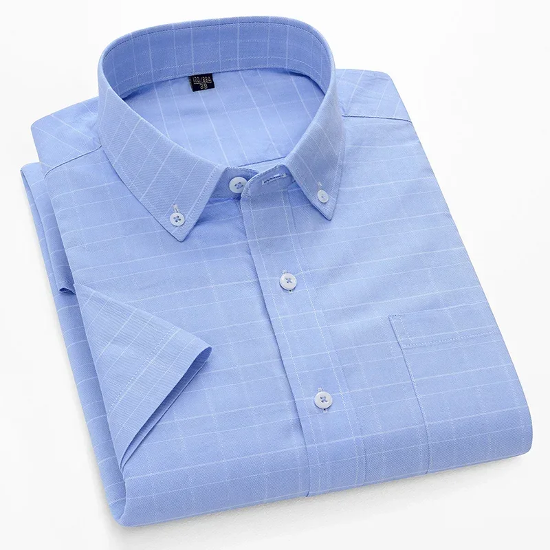 Summer Plaid Shirts Men Oxford Cloth Business Short Sleeves Shirts for Man Casual Formal Plus Size Tops Men