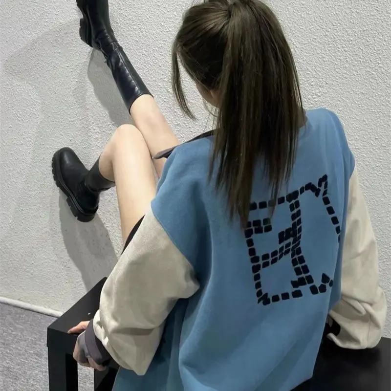 American Trendy Brand 2024 Spring Autumn Fashion Color Contrast Splicing Wave High Collar Leisure Trendy Couples Blast Street S8