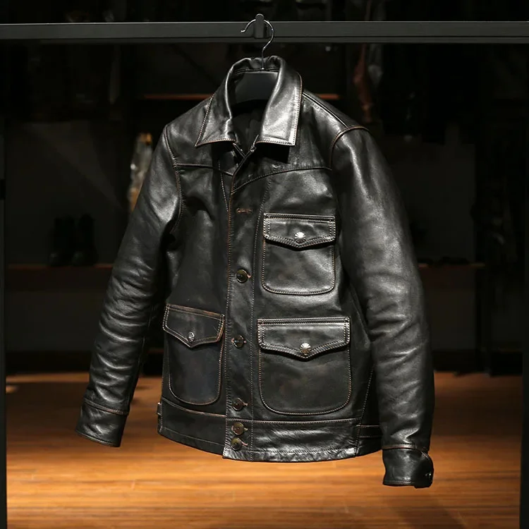 shipping.2024 Free Brand new retro moto tea core horsehide jacket.Men luxury vintage style slim genuine leather coat. 말가죽 재킷