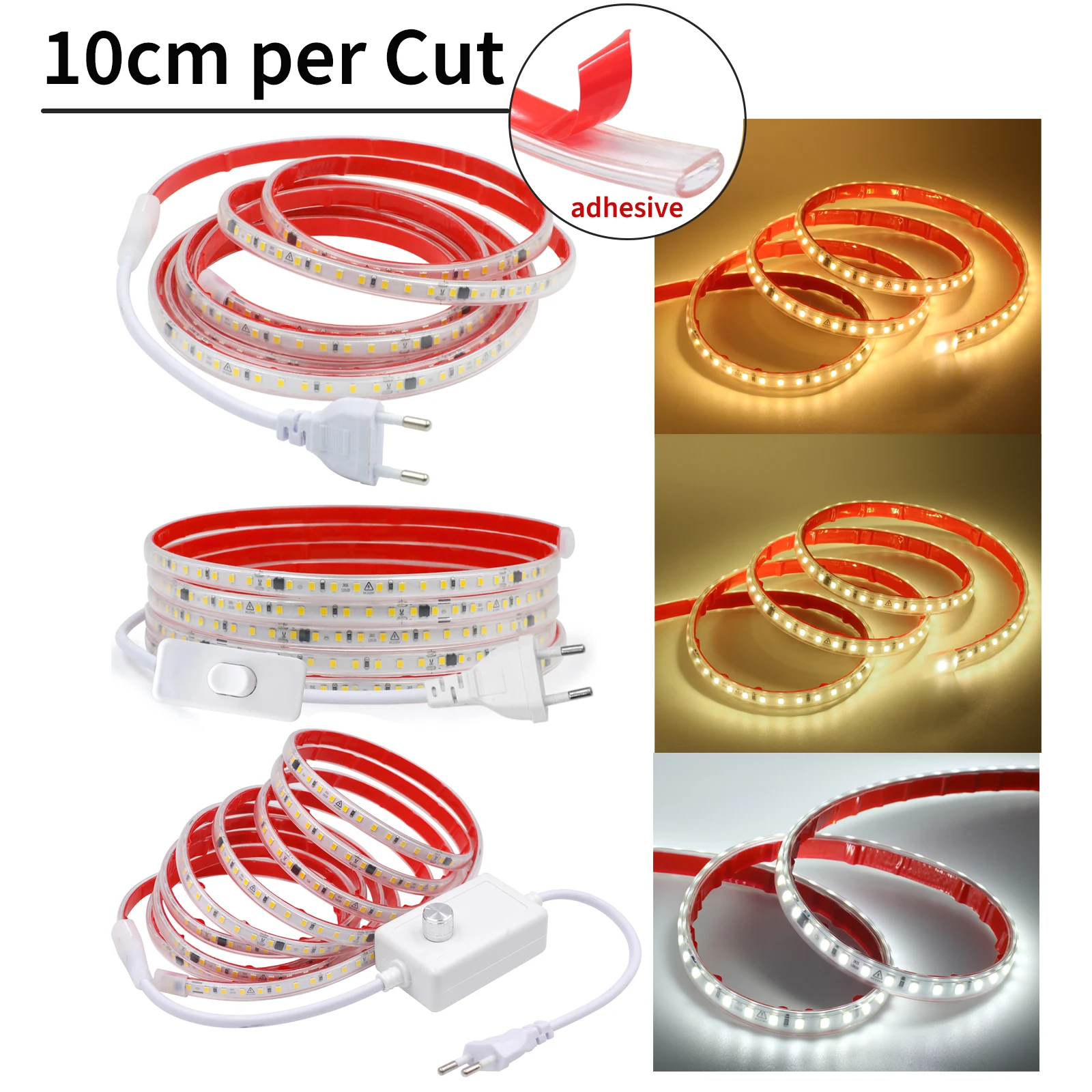 LED Strip Light 220V IP65 Waterproof 120LEDs/M Flexible Ribbon 10cm Cut Adhesive LED Light Tape EU Plug for Room Garden Lighting