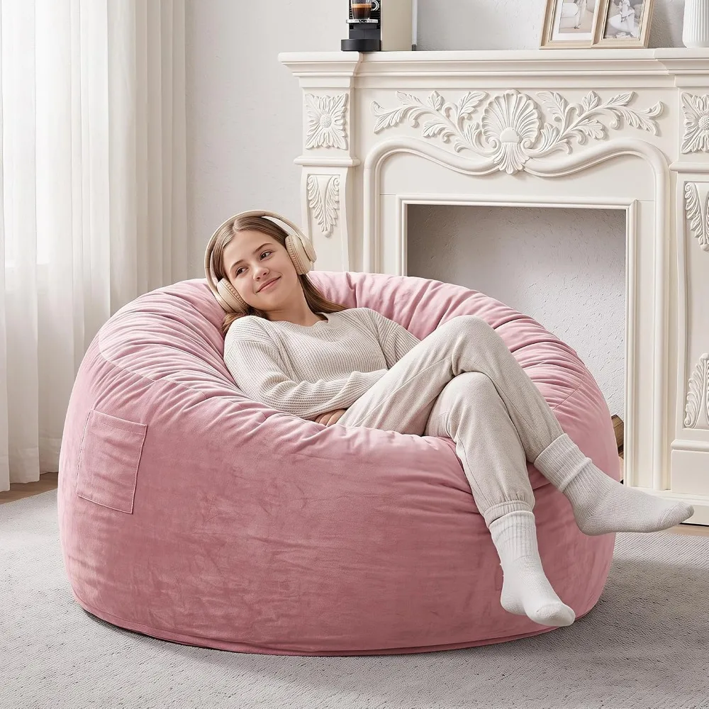 4FT Bean Bag Chair with Filling, Memory Foam, Washable Velvet Cover for Adults, Pink