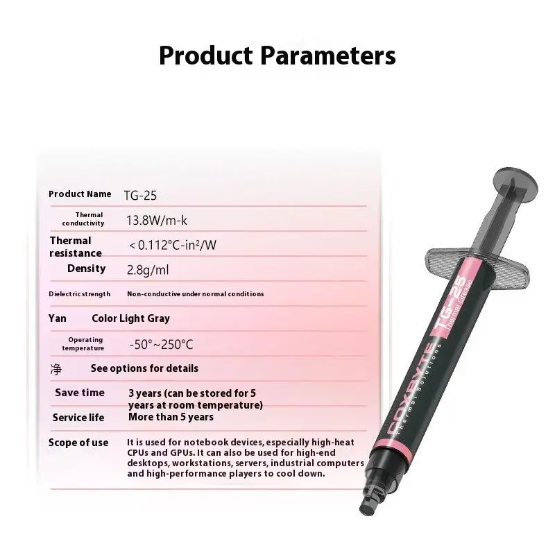 1 set TG-25 Grasso Termico Prestazioni Pasta Grasso Termico Conduttivo 13.8 W/MK 2g Per Gioco PC ForPS4 ForPS5 CPU GPU raffreddamento
