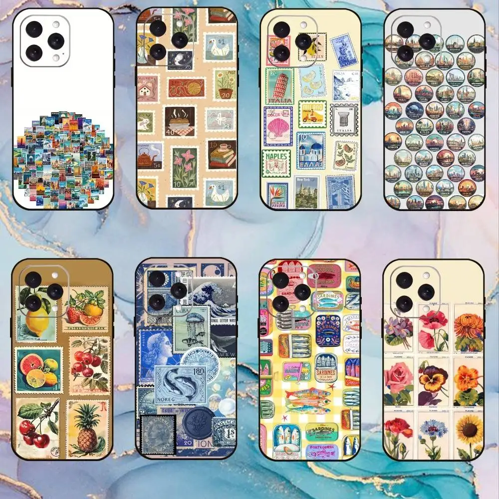 

Stamp Pattern Phone Case For iPhone17,16,15,14,13,12,11 Plus,Pro Max Soft Black Cover