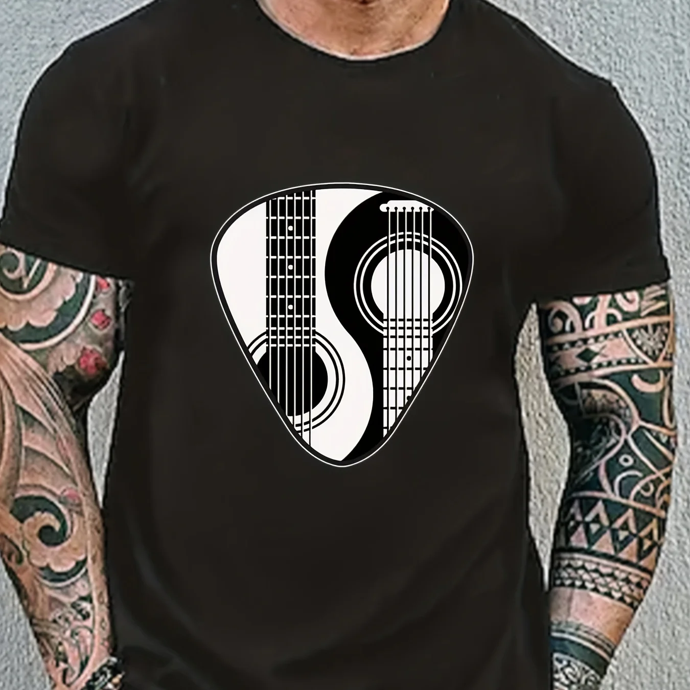 Men's Casual Outfits For Sports Guitar Lover Yin Yang Guitar Pattern Print Men's Comfy Slightly Stretch T-shirt,