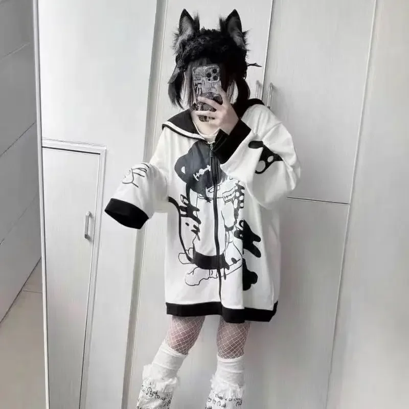 Fashion Cute Lolita Sailor Collar All Match Coats Kawaii Print Japanese Loose High Street Jacket Y2k Aesthetic Punk Lazy Clothes