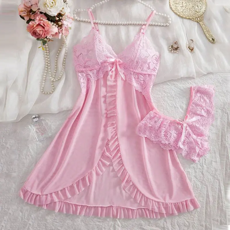 

A Set Pink Cute Women Sweet Nightdress And Panty Pijamas Suit Sleeveless Halter Nightgown Short Sets V-Neck Bra Thong Luxury Kit