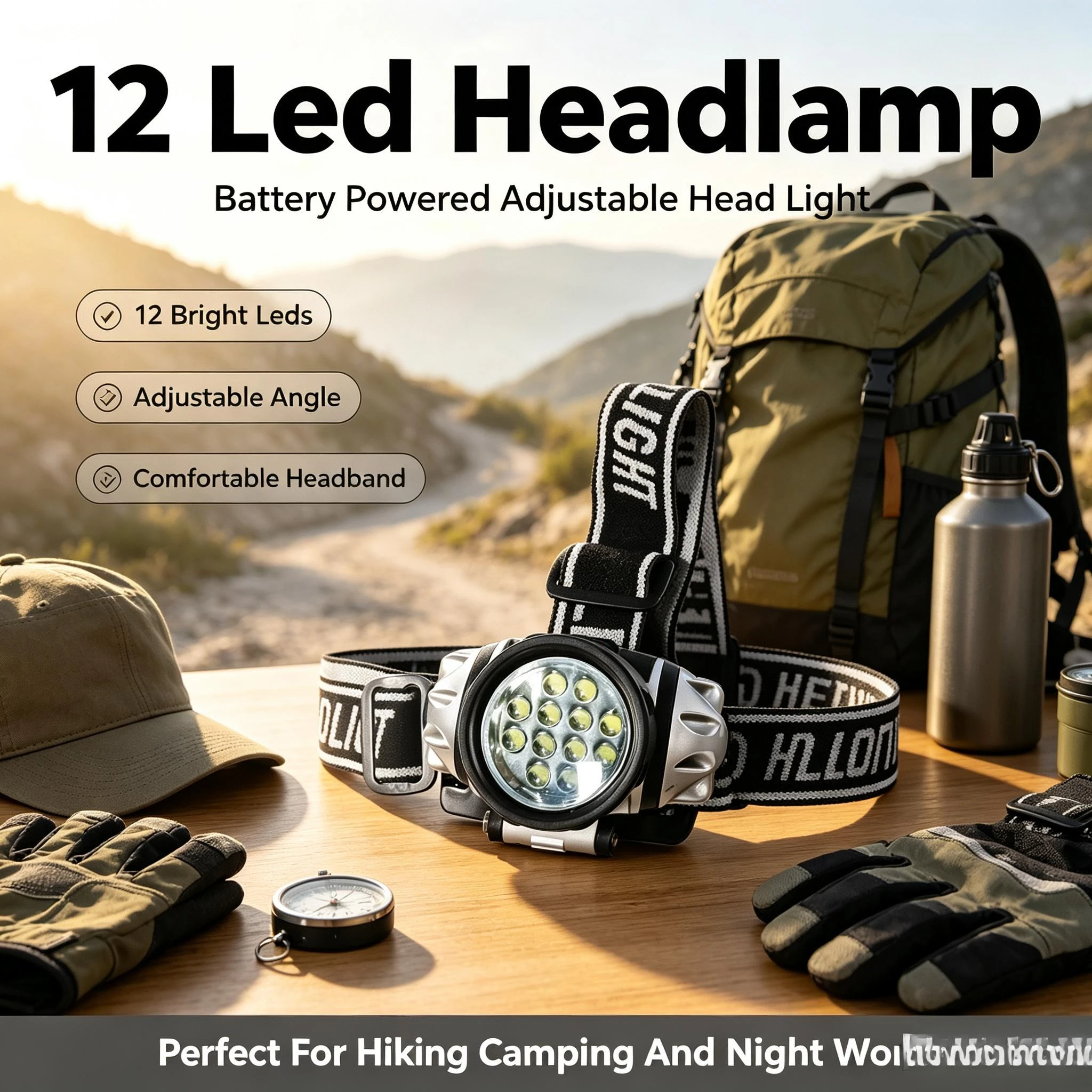 12 lampade frontali a LED con lunga durata, fino a 120 ore. Lampada frontale a LED alimentata a batteria, utilizzabile a mani libere, con cinturino elastico regolabile, ideale per la corsa notturna,