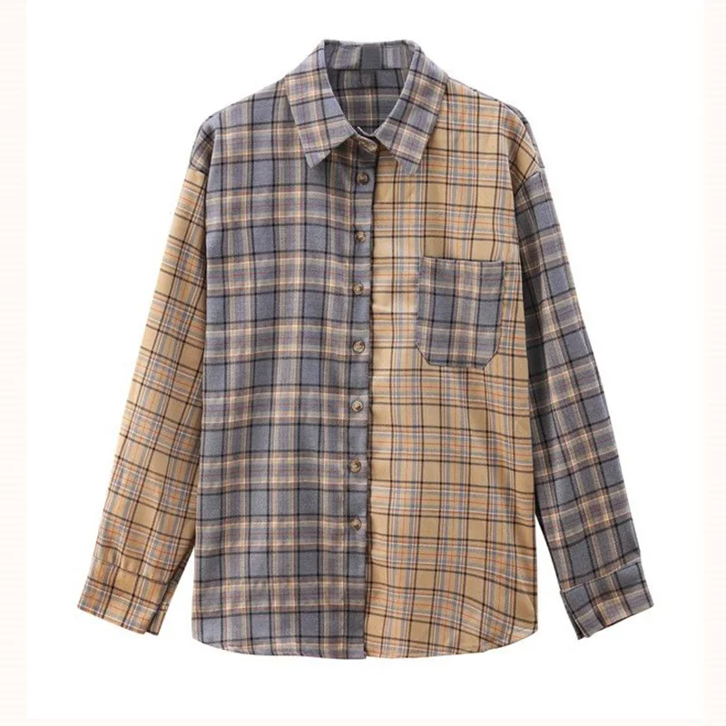 Plaid Printing Blouse Female Spring and Autumn 2023 New Turn-down Collar Patchwork Pockets Long Sleeve Single Breasted Shirt