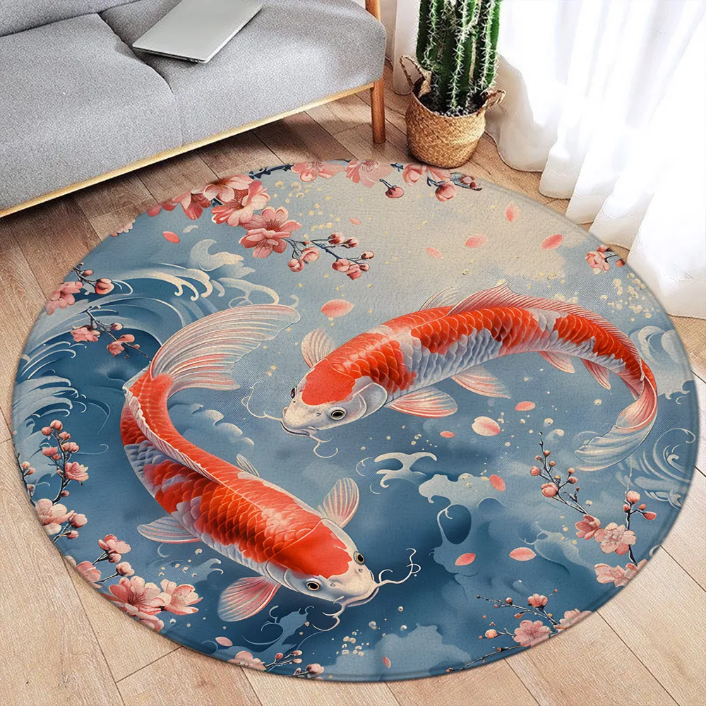 Koi Japanese Style Round Rug Red Fish Pond Lotus Flower Cherry Blossom Bedroom Living Room Home Carpet Decor Round Area Rug