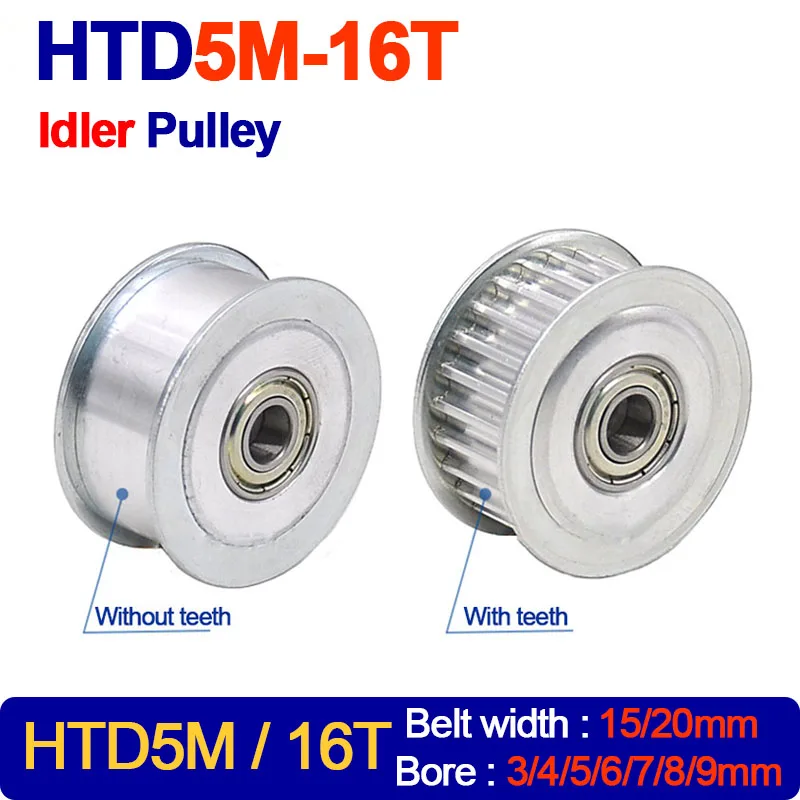 

HTD5M 16 Teeth Synchronous Wheel Idler Pulley Bore 3/4/5/6/7/8/9mm with Bearing for HTD 5M Timing Belt Width 15/20mm 16Teeth 16T