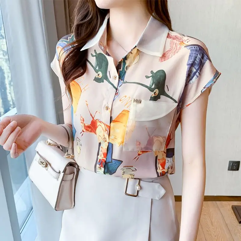 2023 New Summer Elegant Printing Pocket Turn-down Collar Short Sleeve Blouse Femme Fashion Patchwork Chiffon Shirts Women Clothe