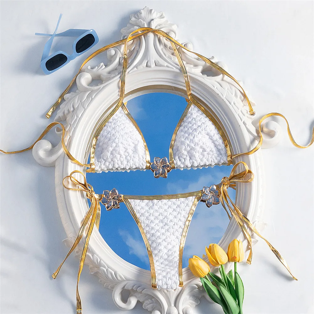 

Metal Flower Ornament Sexy Swimsuit Women Halter String Triangle Micro Bikini Thong Swimwear Bathing Suit White Bikinis Sets