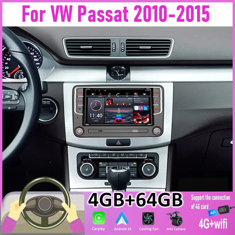 

7" Touch Screen Car Stereo Wireless Apple CarPlay Android Auto 4+64GB For VW Passat 2010-2015 Multimedia Player GPS FM BT