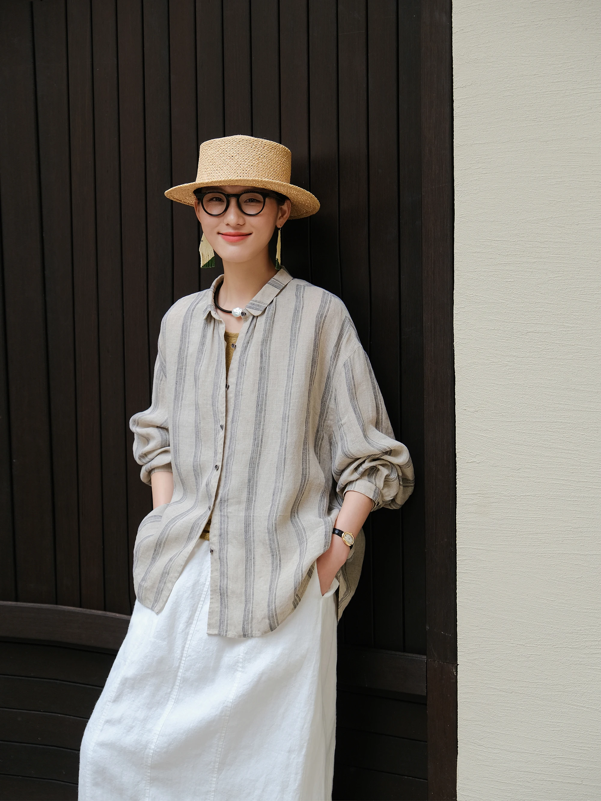 

Mallin Spring Summer Linen Shirt Cardigan Long Sleeve Casual Small Collar Artistic Lightweight Striped Comfortable Women's Bl...