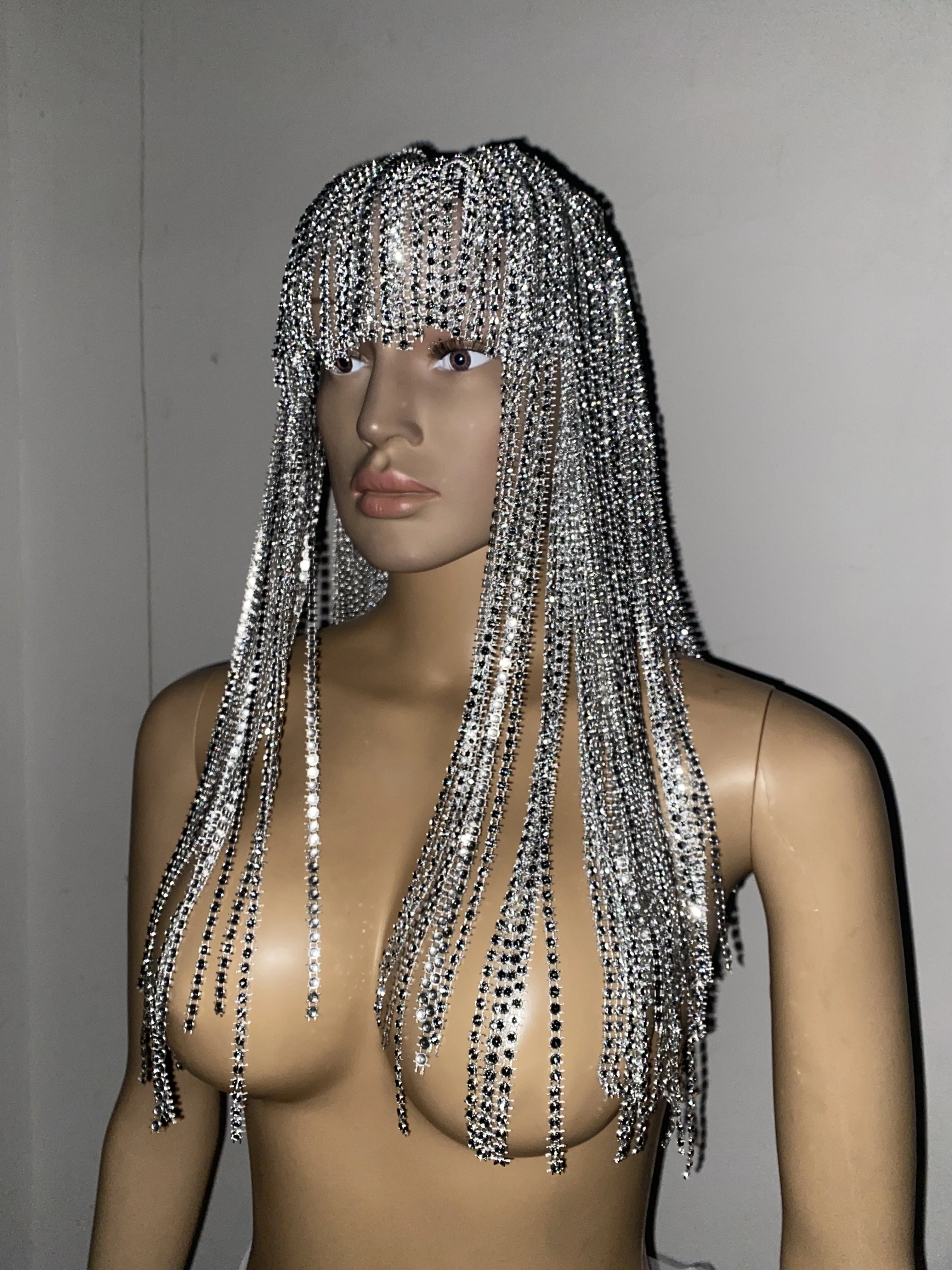 

Glitter Rhinestone Long Fringed Hair ChainHeadband Hat Stage Performance for WomerCrvstalHeadwear Headpiece Head Wig Chain D071