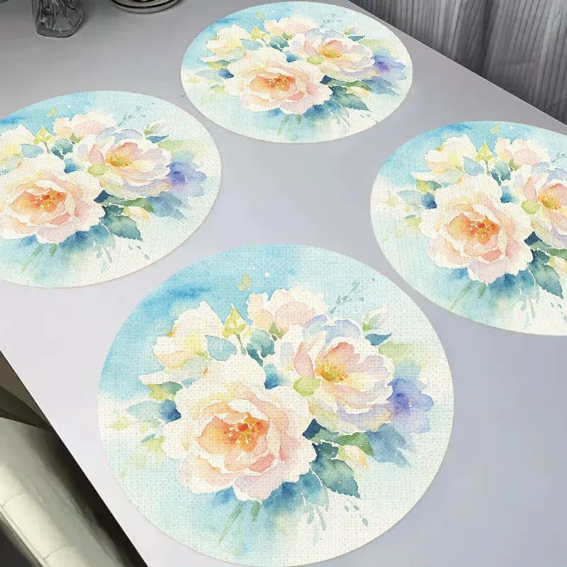 VIKAMA Fresh Watercolor Gradient Hydrangea Round Linen Placemats, Heat Resistant Waterproof for Dining Table Decor