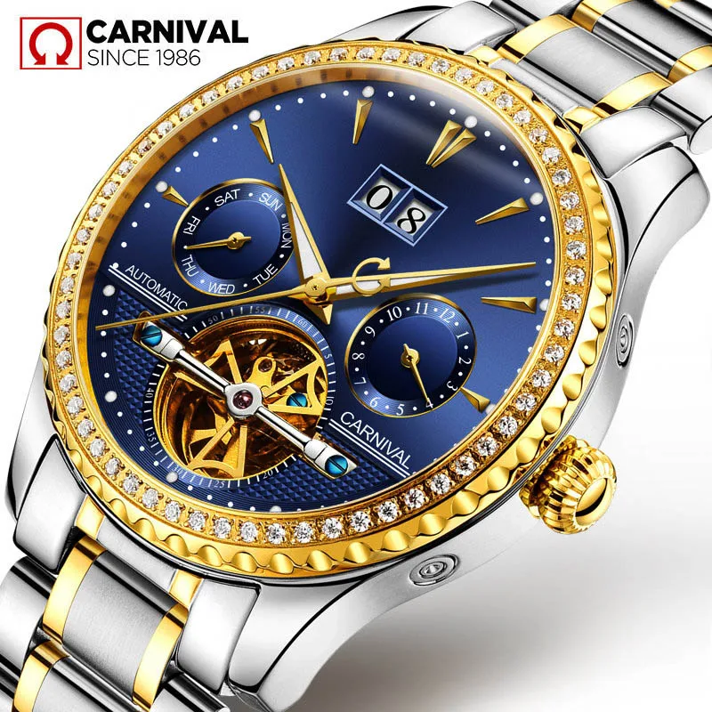 

CARNIVAL Double-layer Rotating Tourbillon Watch Men Luxury Waterproof Automatic Mechanical Watches Business Dress Watch Reloj