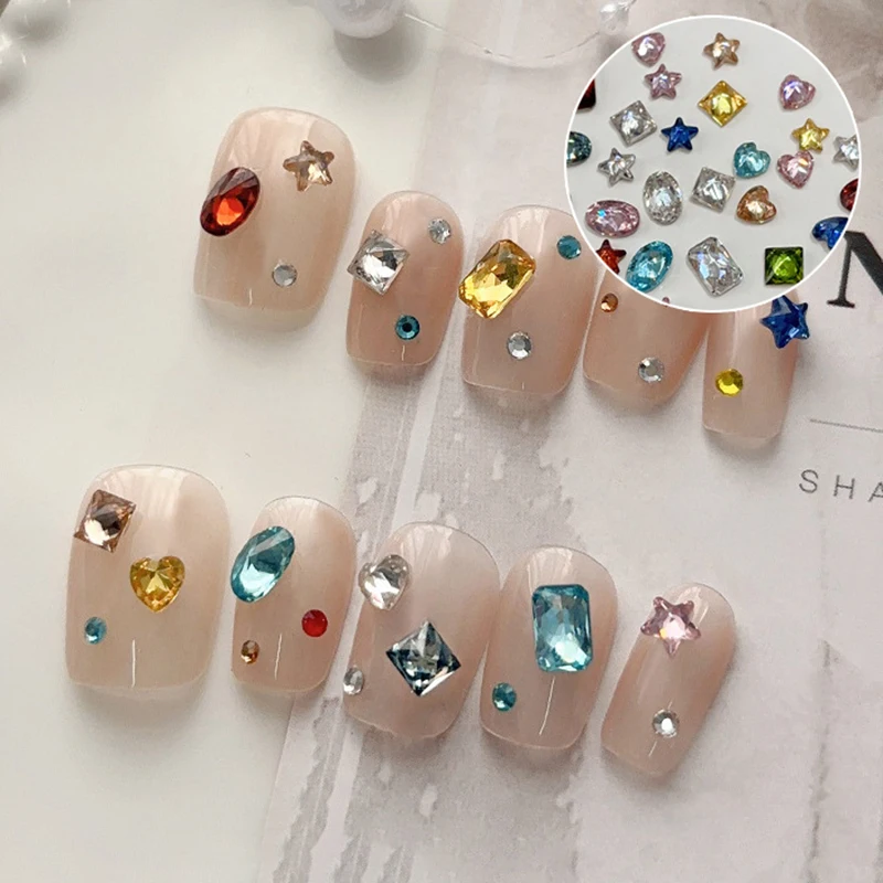 20Pcs Clear Nail Crystal Decoration Sparkling Ellipse Pigeon Egg Heart Five-Pointed Star Multi Cut Nail Pile Diamond Accessories