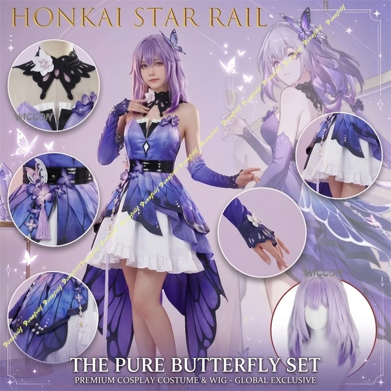 

Honkai Star Rail Castorice Dreamy Butterfly Cosplay Dress Set Anime Game Same Style Gradient Tulle Skirt Bow Headwear Role Play