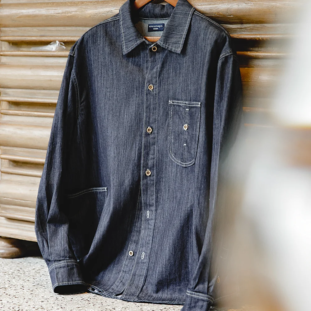 Maden Chemise en jean masculine vintage avec de grands poches Veste en jean à manches longues de coupe ample pour l\'automne Chemise bleu foncé à