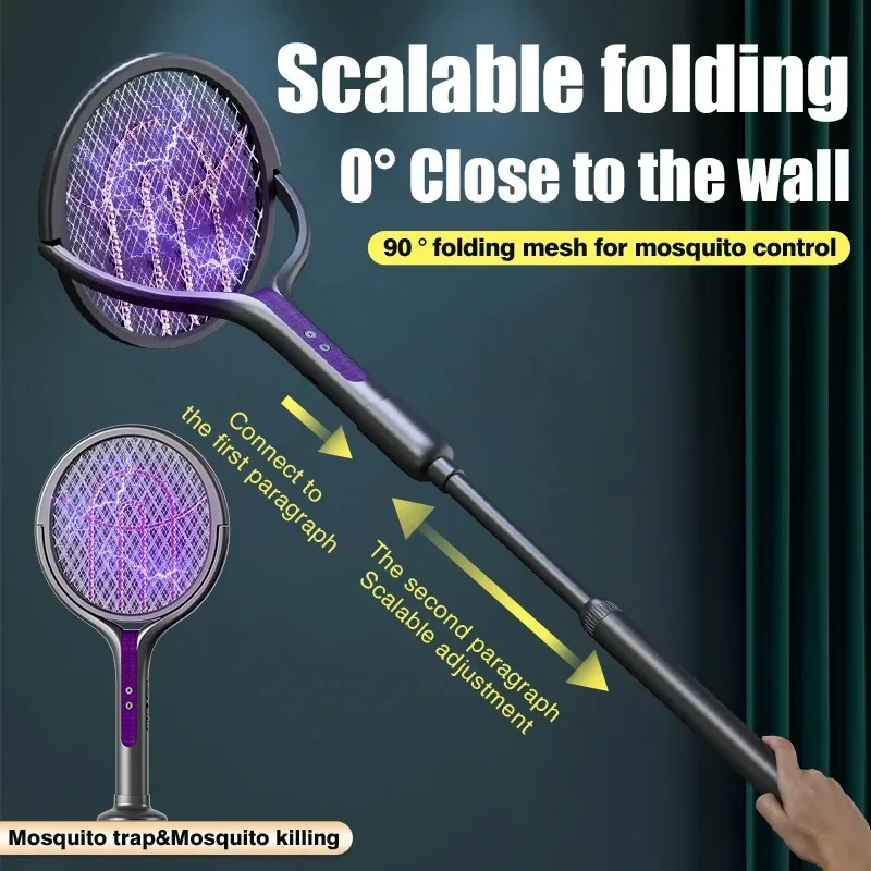 

New 2-in-1 mosquito killer lamp multifunctional angle telescopic mosquito swatter USB rechargeable mosquito swatter bat swatter