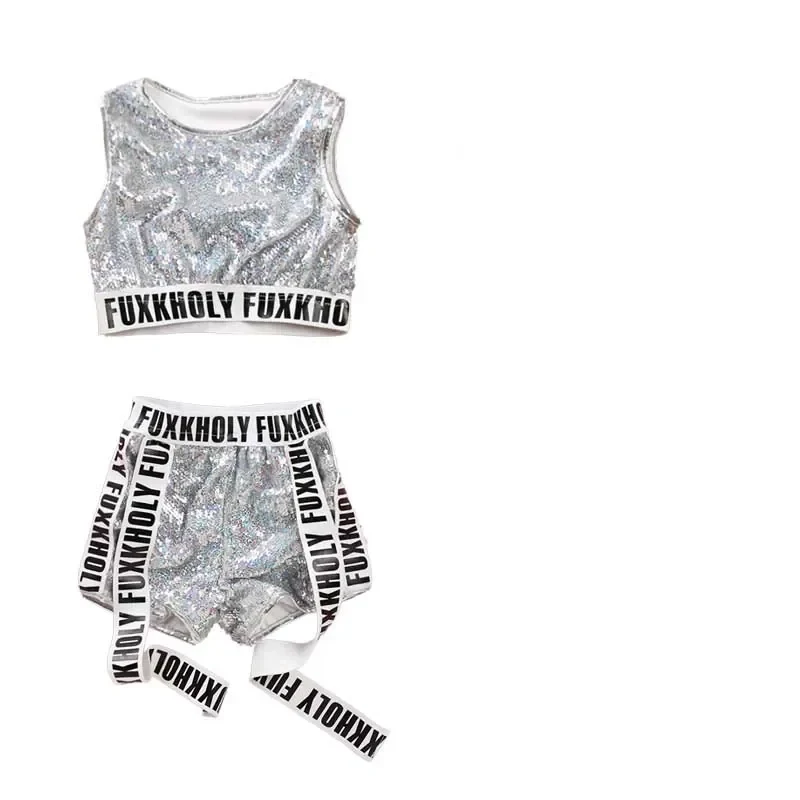 2026 Silver Sparkly children jazz Modern dance Costumes Girls boy Sequins alphabet band hip hop Street stage wear for 5AQBR view 5