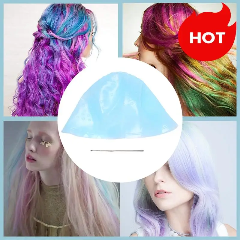 A01V-Reusable Salon Highlighting Dye Hair Coloring Frosting Cap With Metal Hook Blue