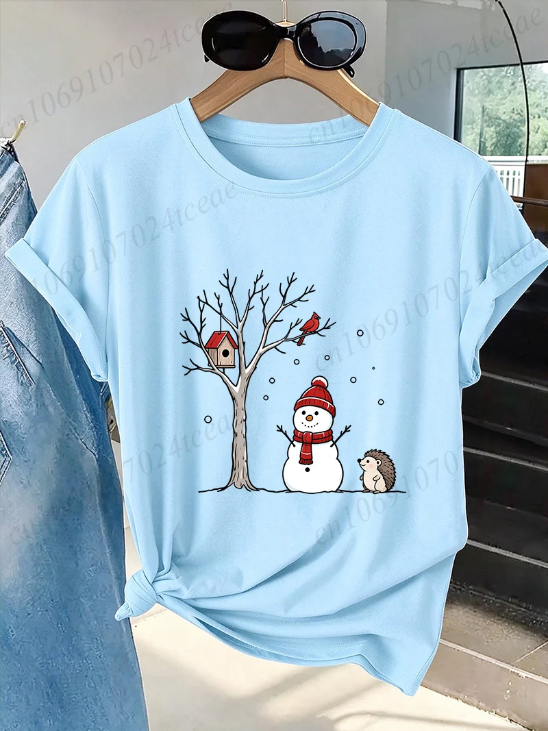 Christmas T Shirt,snowman Graphic Tee,winter Holiday Tops,hedgehog Print Tshirt,cottagecore Christmas T-Shirts,Holiday Gift