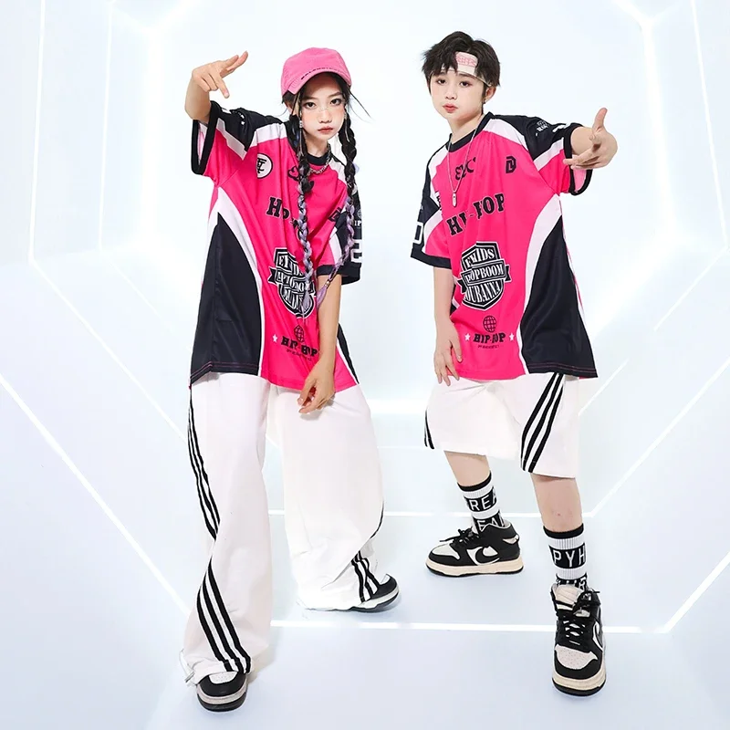 

Уличная одежда для мальчиков, свободная футболка с принтом для уличных танцев, крутые комплекты одежды в стиле хип-хоп для девочек, детские джазовые белые брюки для бега, костюмы, костюмы