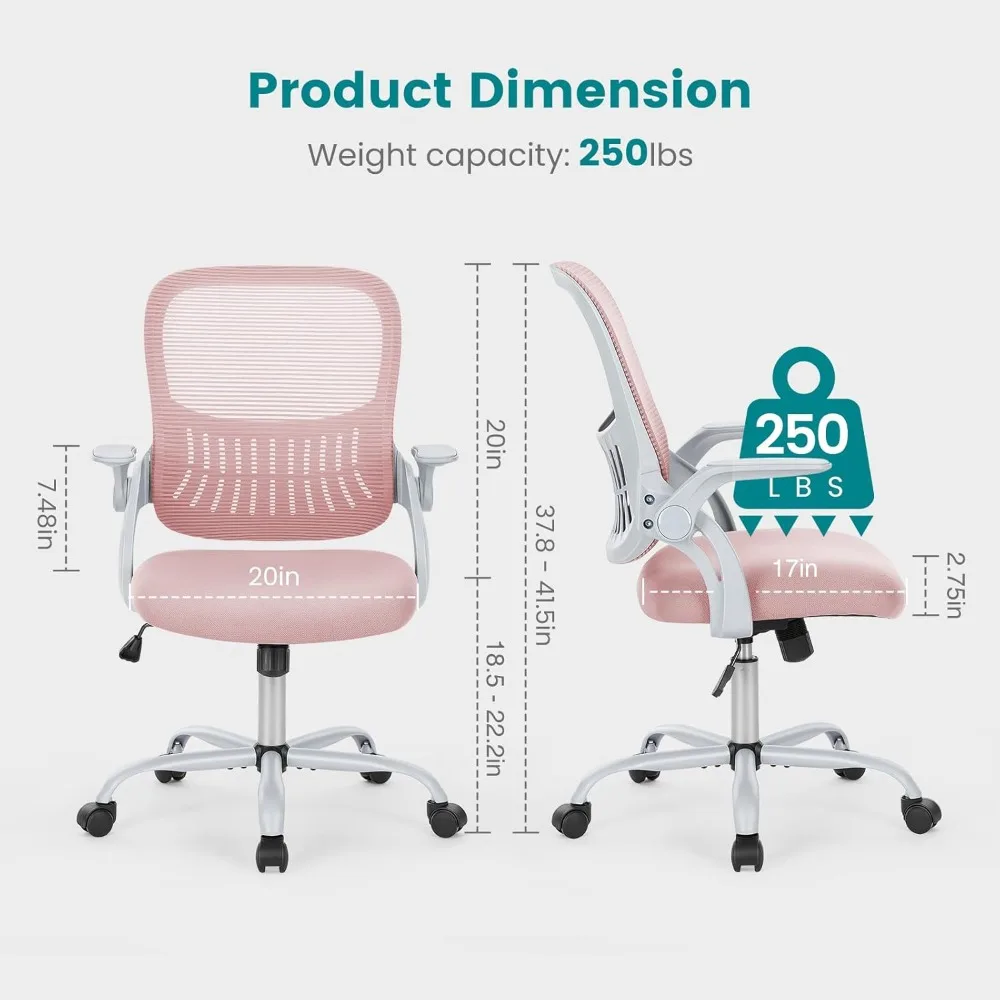 كرسي مكتب شبكي مريح مع دعم قطني، وأذرع قابلة للطي، وعجلات دوارة لطلاب دراسة الألعاب المنزلية باللون الوردي