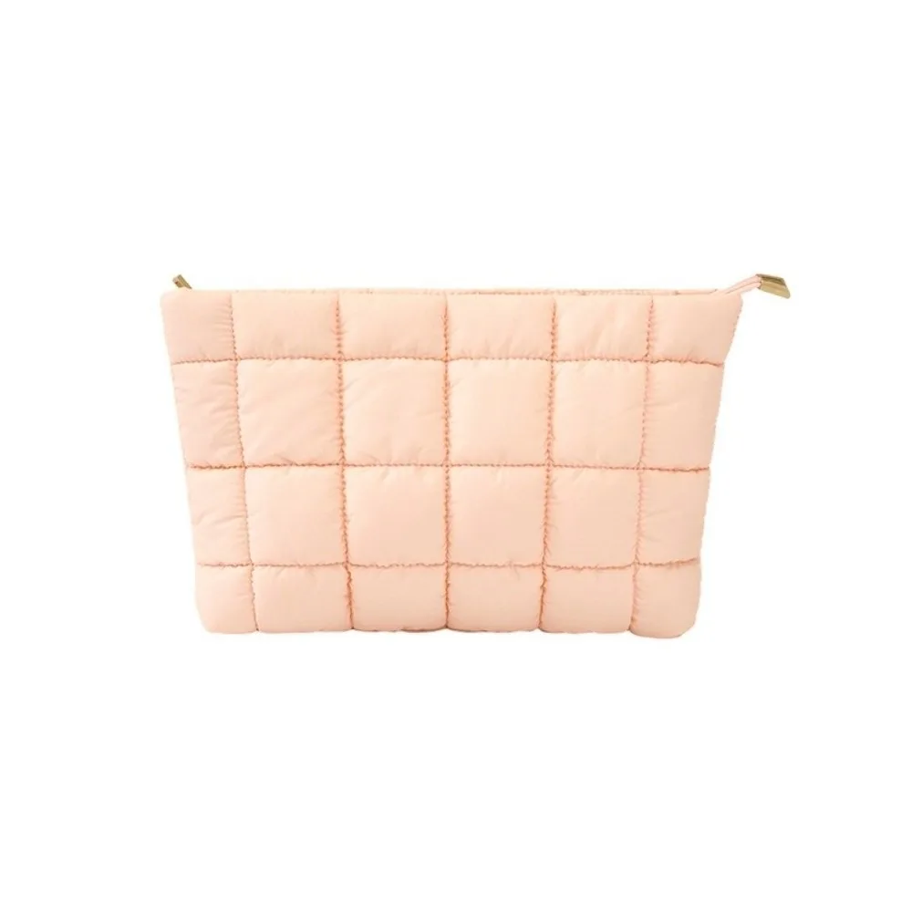 Portable Puffy Quilted Padded Makeup Bag Storage Bag Zipper Cotton Clutch Bag Handbag Solid Color Cosmetic Bag Women