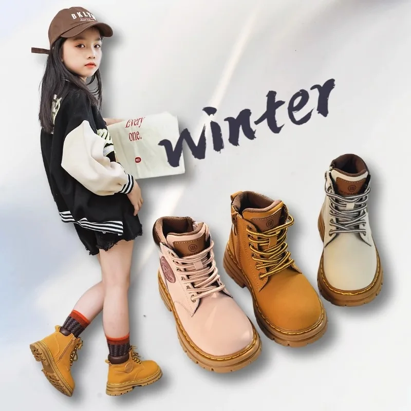 

Children PU Leather Ankle Shoes Kids Non-slip Ankle Boots Toddler Boy Girls Square Heel Motorcycle Boots 6-14Y Autumn Winter