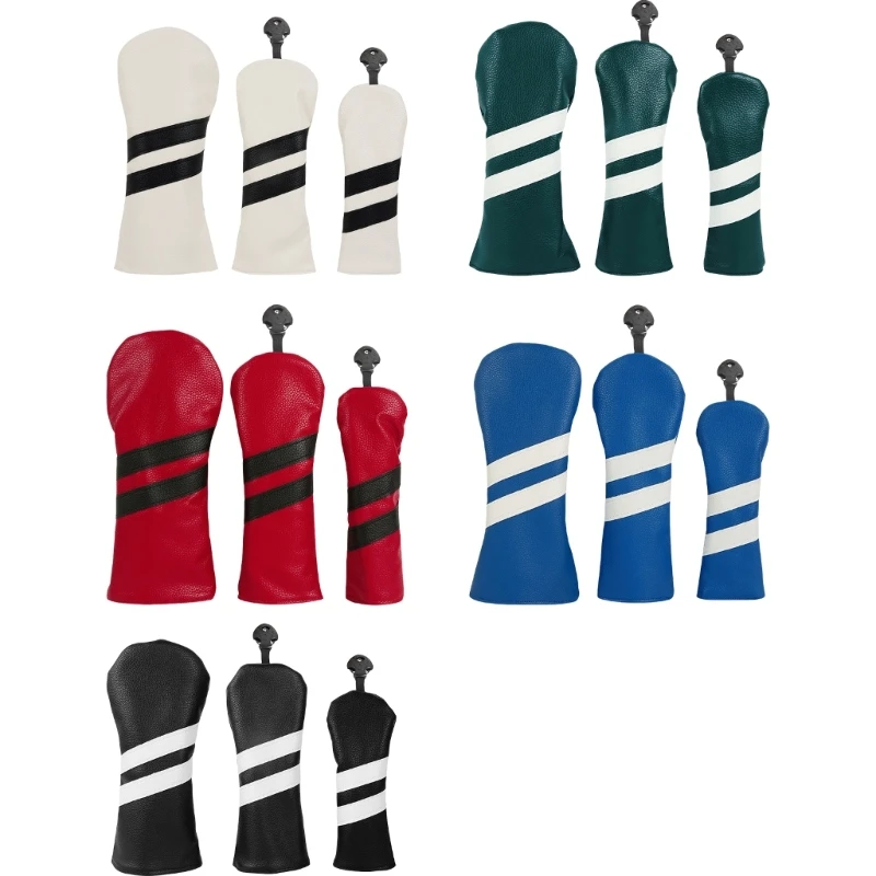 3 unidades impermeáveis PU Golfs Club Head Cover Stripe Padrão Fairway Head Cover