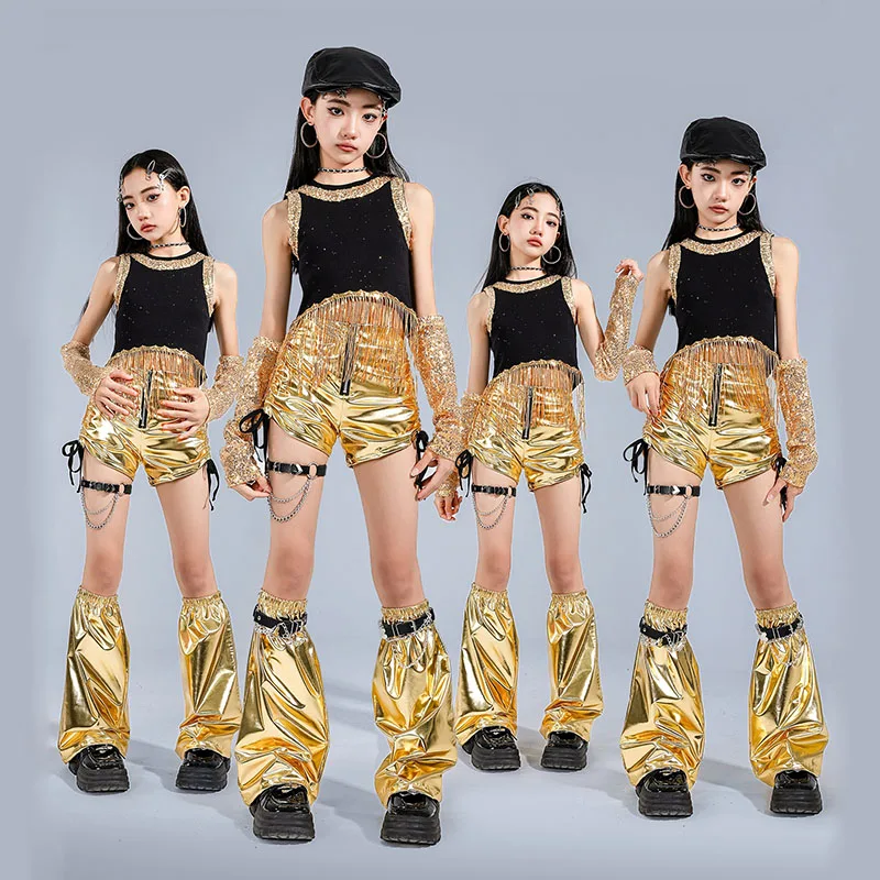 

Kid Kpop Hip Hop Clothing Black Sequined Fringe Crop Tank Top Golden Metalic Side Tie Shorts for Girl Jazz Dance Costume Clothes