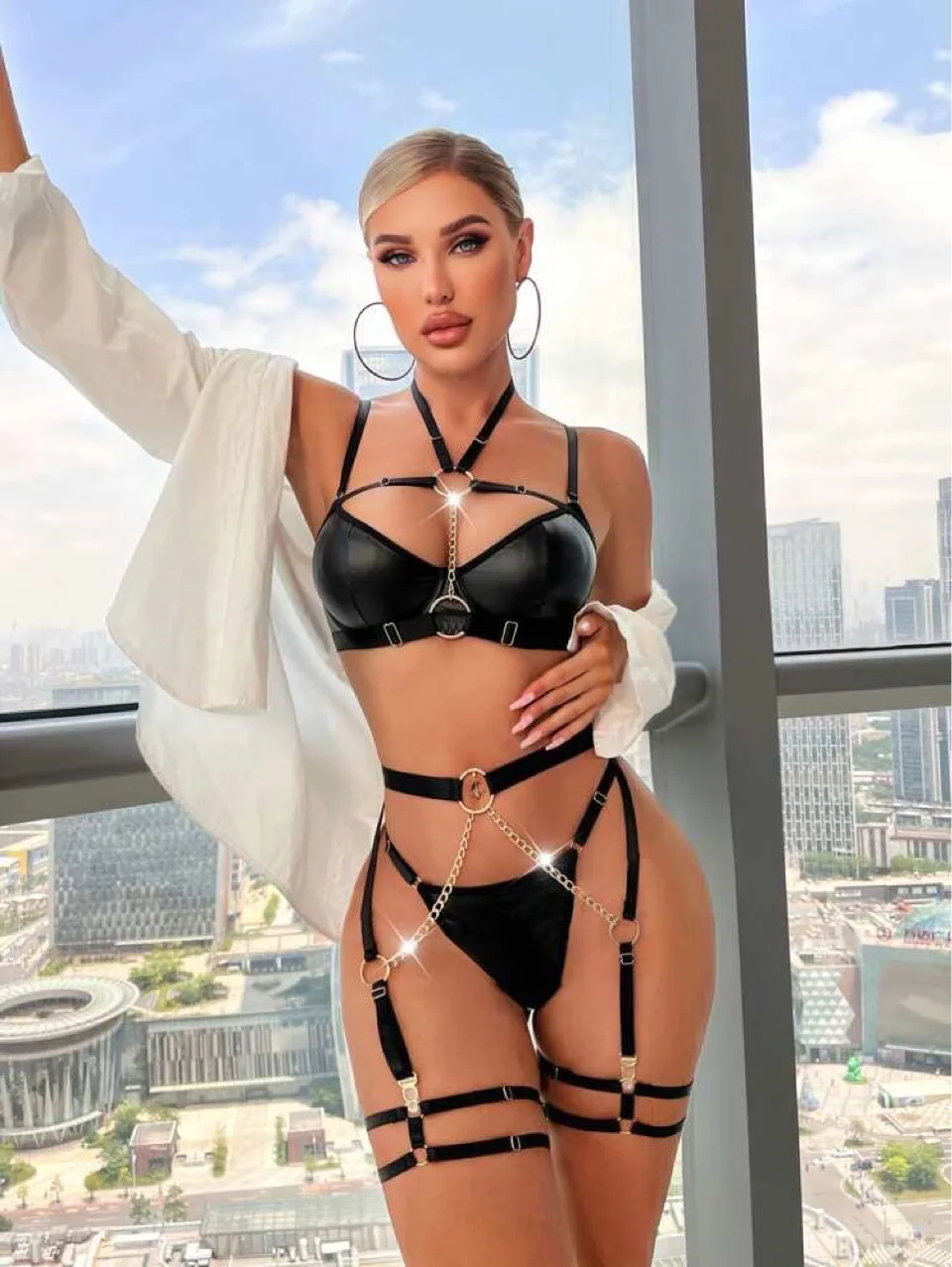 Ellolace Latex Lingerie Erotic Leather Underwear For Women Halter Bra Bra And Panty Set Sexy PVC Outfit With Chain 4-Piece