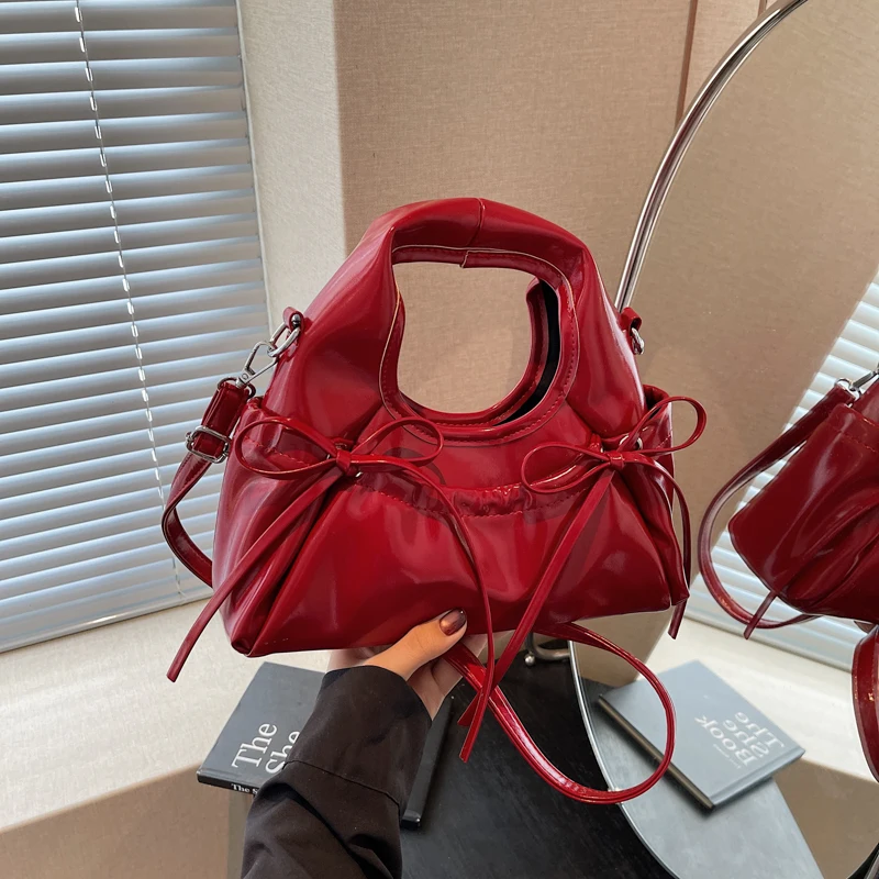 

Retro Burgundy PU Leather Handbags for Women 2025 New Trend Bow Magnetic Buckle Crossbody Bag Summer Versatile Shoulder Pack