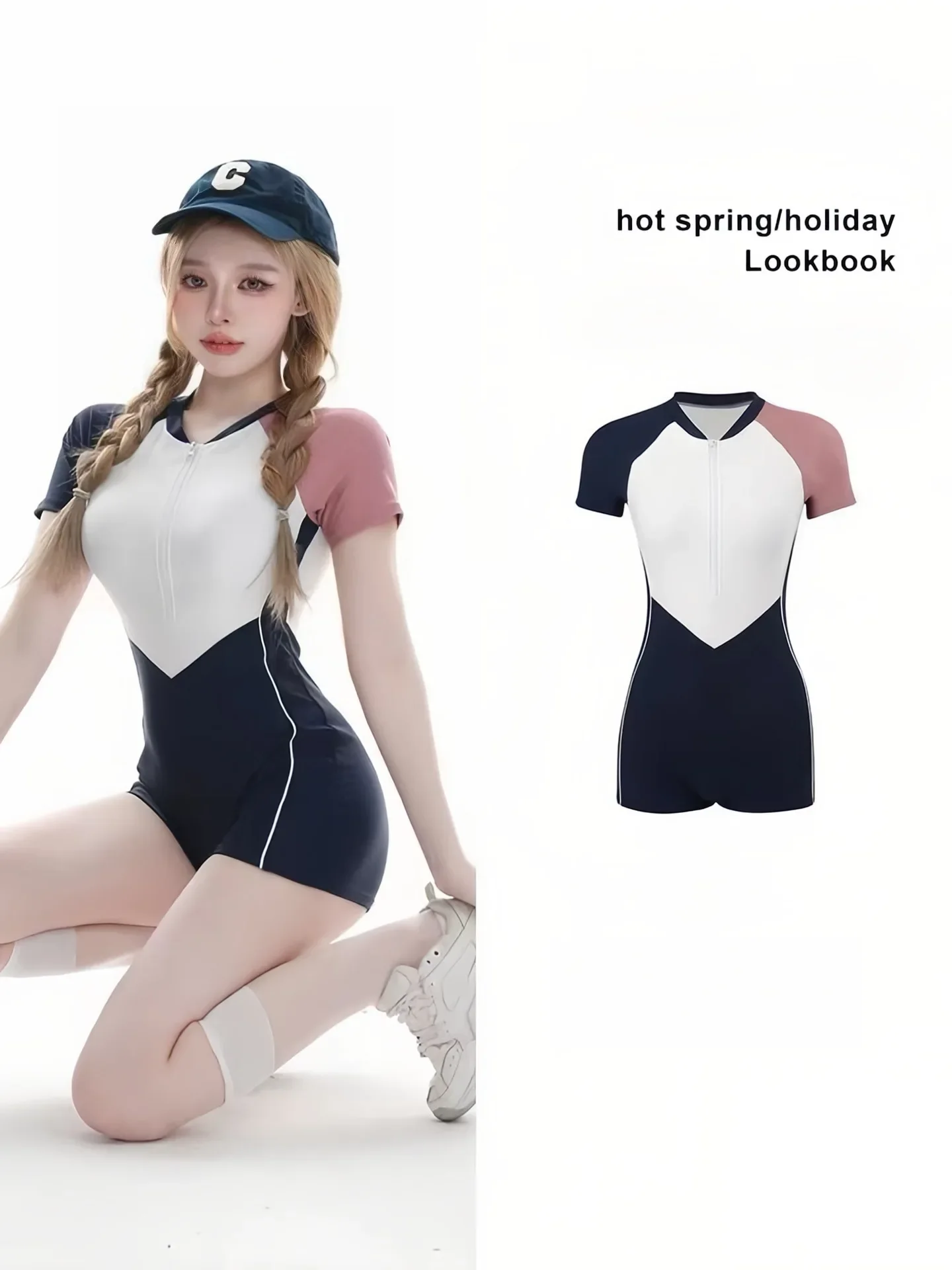 2024Flat Angle Sports One-piece Swimsuit Women Hot Spring Short Sleeved Swimwear Conservative Half Zipper Slimming Swimmomg Suit