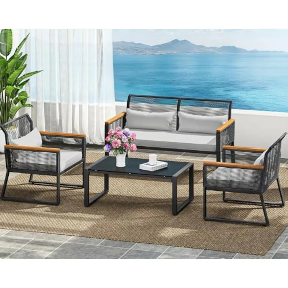 

4-Piece Outdoor Wicker Patio Conversation Furniture Set, All-Weather Wicker Bistro Rattan Loveseat Set with Wooden Armrests