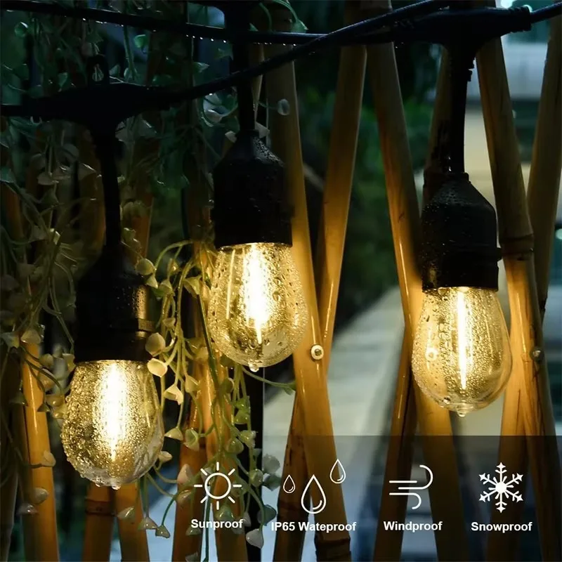 Lampu Tali Teras IP65 Tahan Air S14 Dapat Diredupkan Tahan Pecah Bohlam Dioda Pemancar Cahaya Pesta Halaman Belakang Kafe Bistro Lampu Luar Ruangan