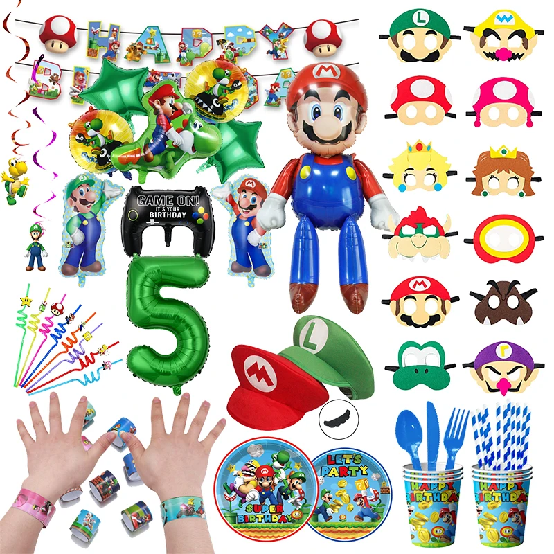 Super Mario Bros Birthday Party Decoration Cartoon Game Mario Balloons Masks Hats  Super Brother Kids Baby Shower Party Supplies