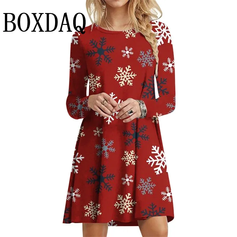 Christmas Snowflake 3D Print Dress Women Cute Long Sleeve A-Line Dress Autumn Winter Women's Clothing Casual Party Mini Dresses