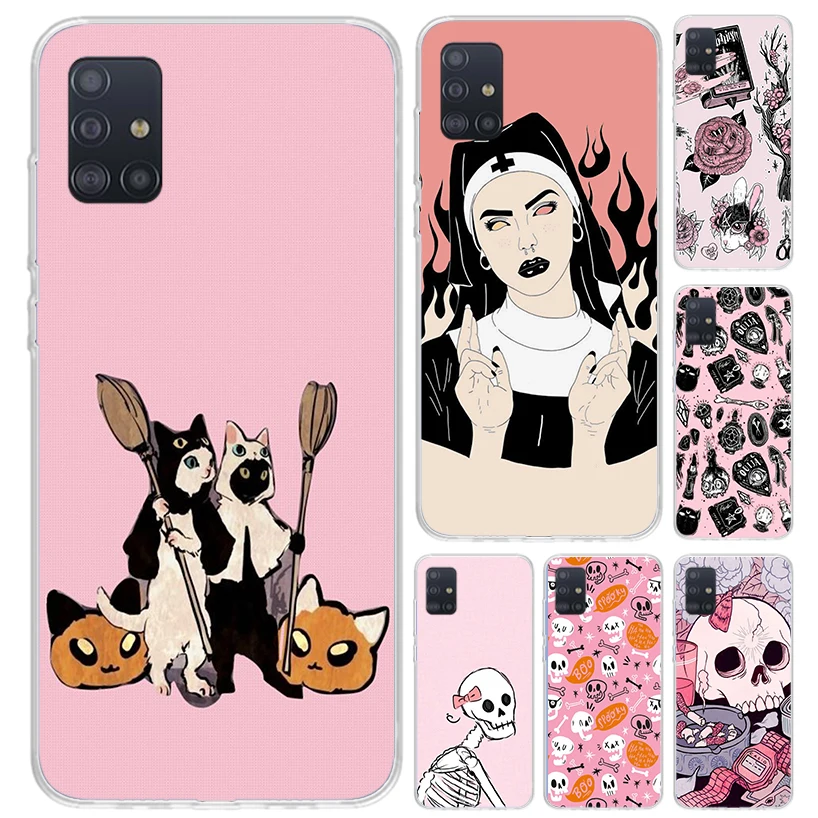 Pink Cat Skull Sorceress Witch Phone Case for Samsung Galaxy A51 A50 A71 A70 A41 A40 A31 A30S A21S A20S A10S A20E A11 A01 A6 A7