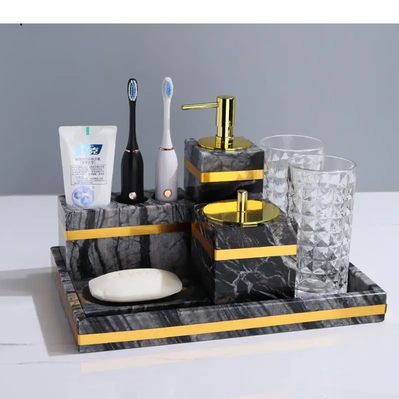 

Nordic Bathroom Kit Marble Liquid Soap Dispenser Toothbrush Holder Mouth Cup Cotton Swab Box Dish Tissue Washing Tools