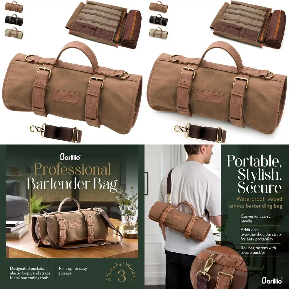 

Portable Brown Waxed Canvas Bartender Roll Bag - Stylish Travel Bar Kit with Shoulder Strap for Cocktail Shakers and Tools
