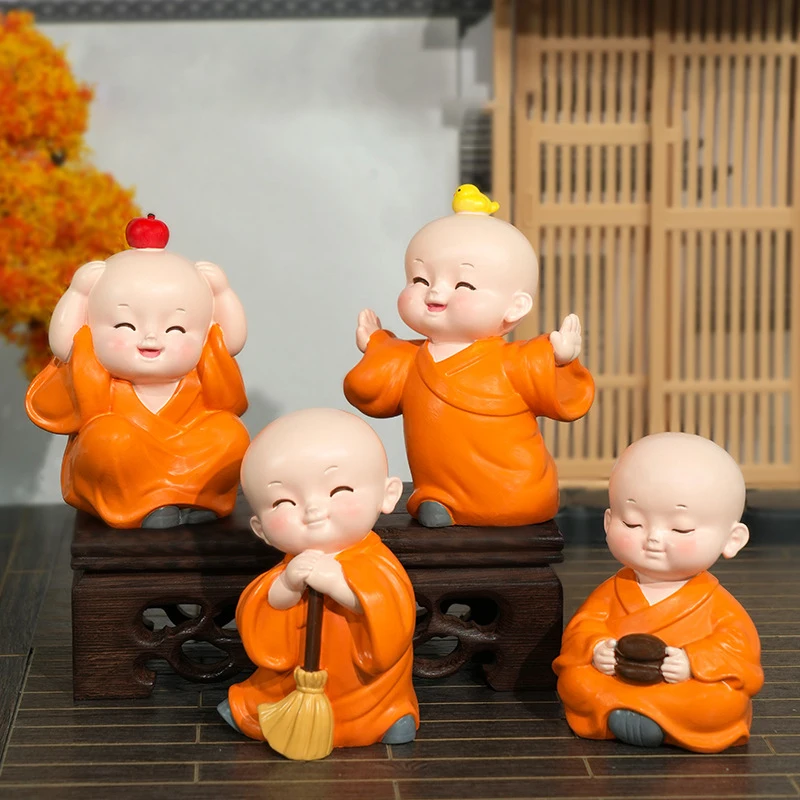 Set of 4 Monks Figurine, 2.8 Inch Wise Resin Buddha Decorative Ornament Temple Life Zen Figure Car Dashboard Centerpiece