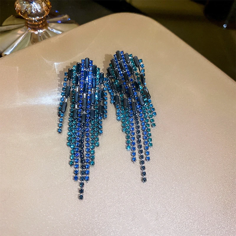 Blue Rhinestone Cubic Zirconia Long Tassel Earrings for Women Bridal Drop Dangling Earrings Party Wedding Jewelry Gifts