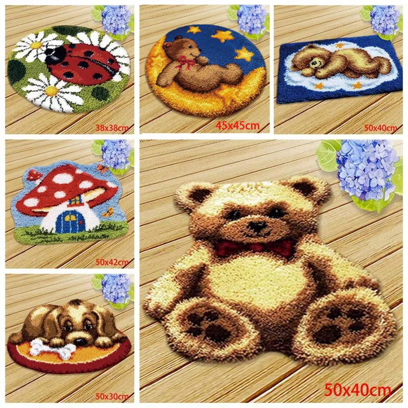 Urso bonito tapete bordado trava gancho kit dos desenhos animados animal indefinido trava gancho tapete botão almofada pacote smyrna pacote tapete diy
